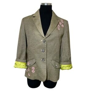 American Eagle Blazer Women L Brown Herringbone Pink Floral Embroidered Preppy